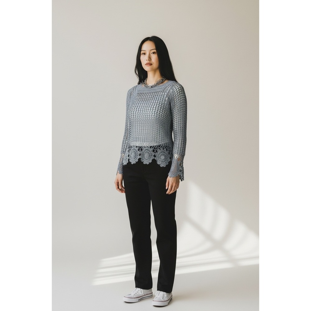 BCBGMAXAZRIA Hand Crochet Top L Silver Blue‎ Gray Open Knit Boho Sheer Scallop